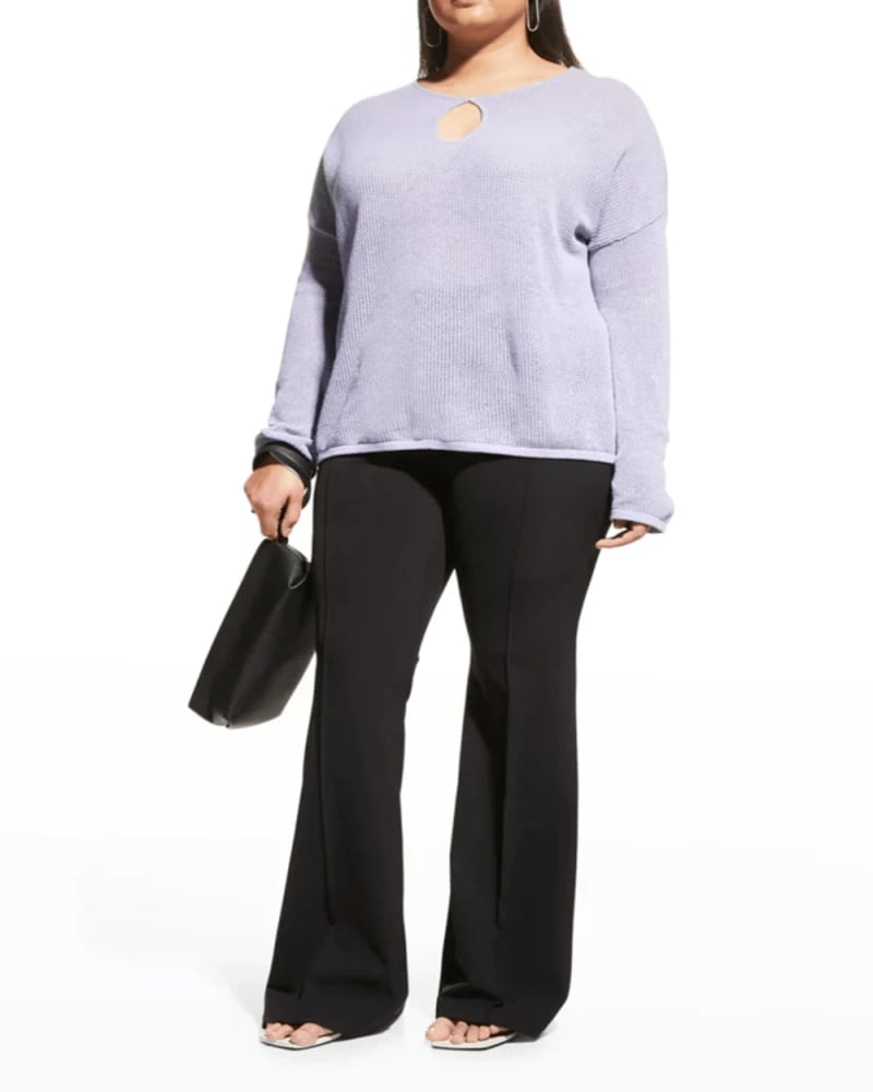 Front of a model wearing a size 3X Cotton Cashmere Mesh Keyhole Boat Neck in Lavender by Minnie Rose. | dia_product_style_image_id:308594